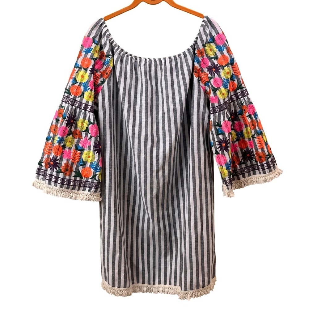 Philosophy Gray White Striped Embroidered Floral Sleeve Dress Linen Boho‎ Large - Picture 2 of 9